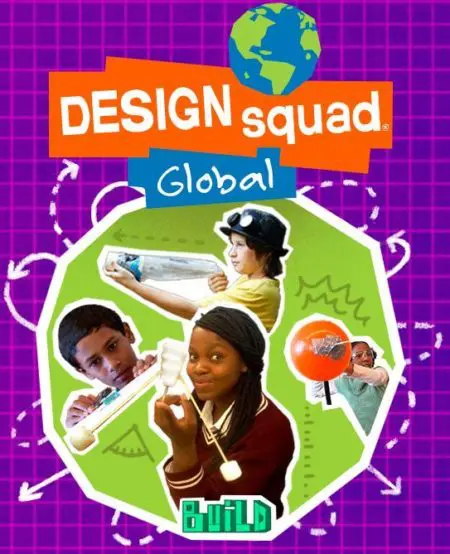 Design Squad Global logo with a globe above photos of kids testing hands-on engineering builds against a purple grid background.