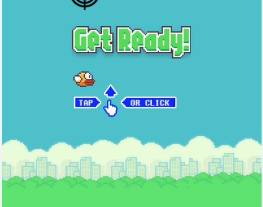 Start screen for a Flappy Bird-style physics game featuring a target, a yellow bird, and tap-or-click instructions.