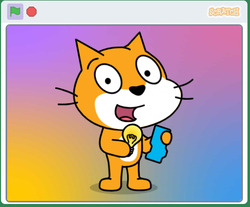 Scratch cat sprite holding a light bulb and a blue coding block against a colorful gradient stage background.
