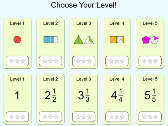 PhET Fractions Game level selection screen showing ten progressive difficulty levels with visual shapes and mixed numbers.