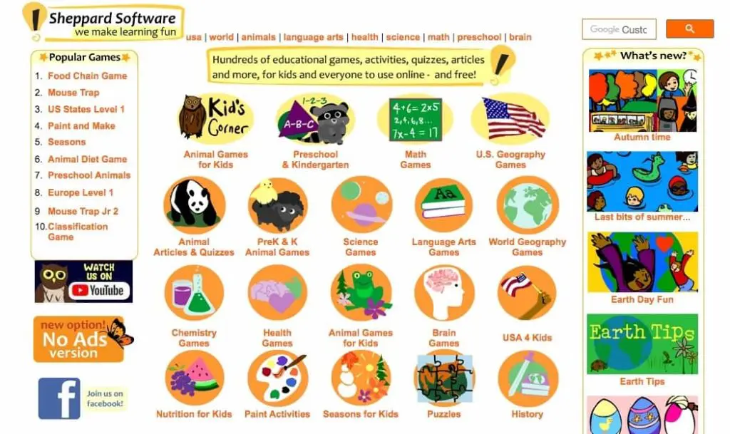 Sheppard Software home page displaying subject icons for geography, math, science, language arts, and animal games.