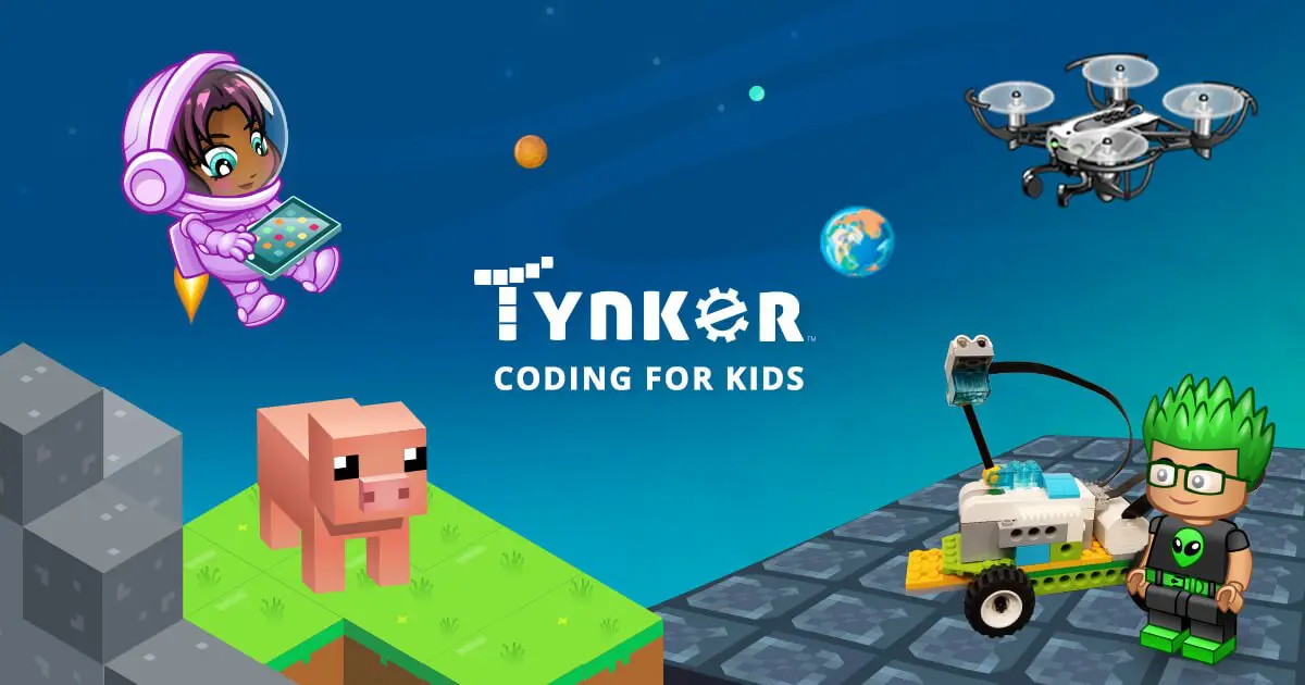 Tynker logo surrounded by an astronaut character, Minecraft pig, drone, and a green-haired avatar with a robot.