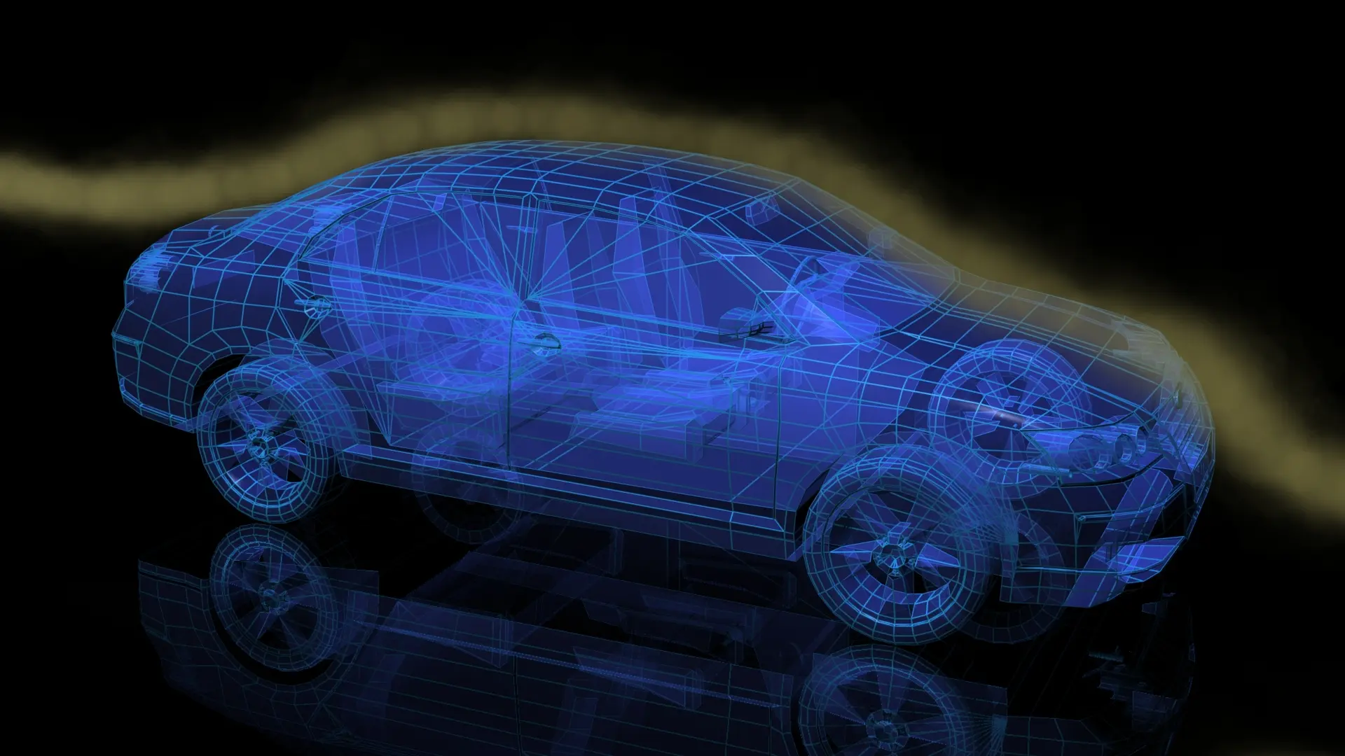 A blue translucent wireframe model of a sedan car against a black background with a glowing gold aerodynamic airflow simulation line passing over it