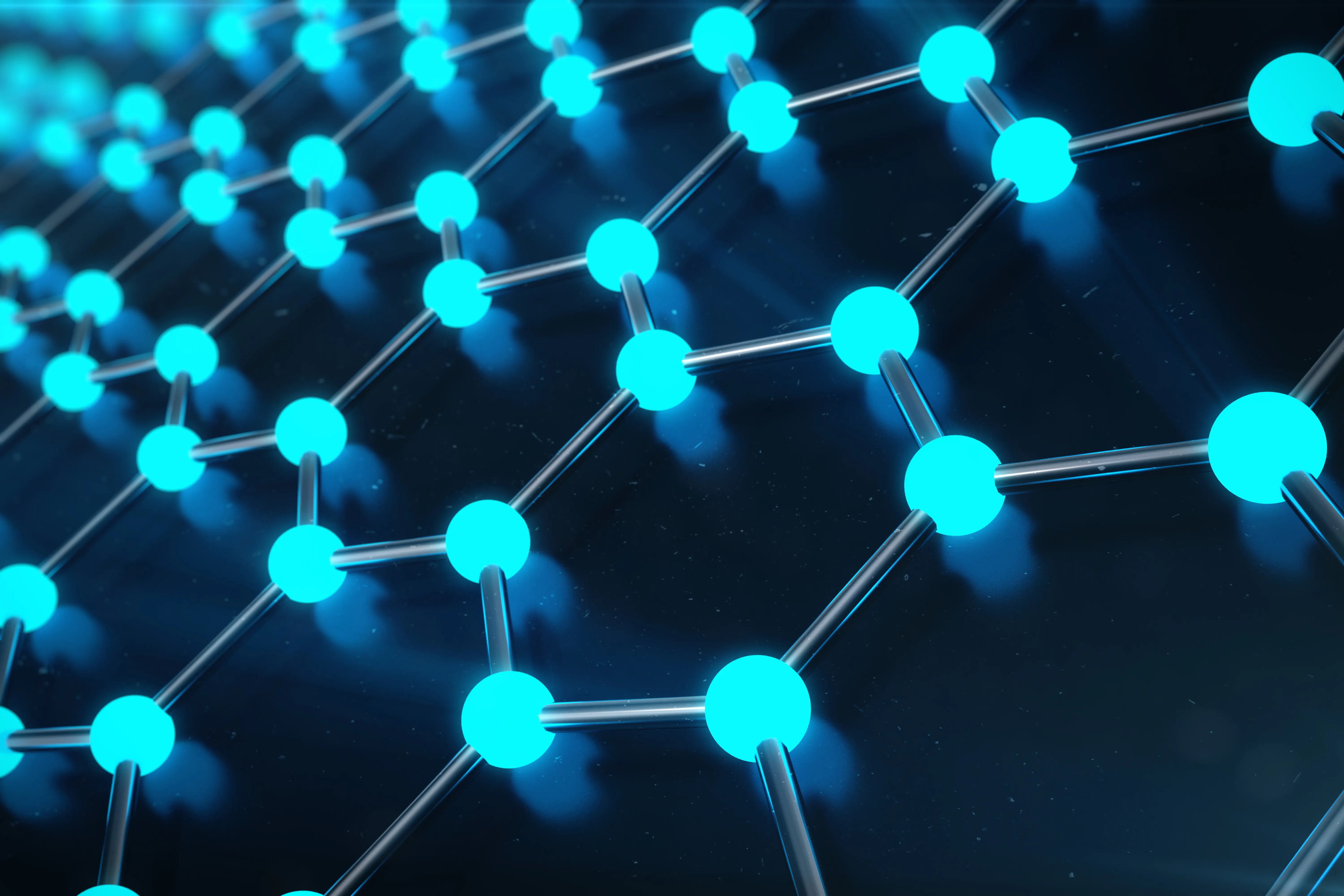 A 3D molecular lattice structure model showcasing a hexagonal honeycomb network of glowing blue atoms connected by silver bonds