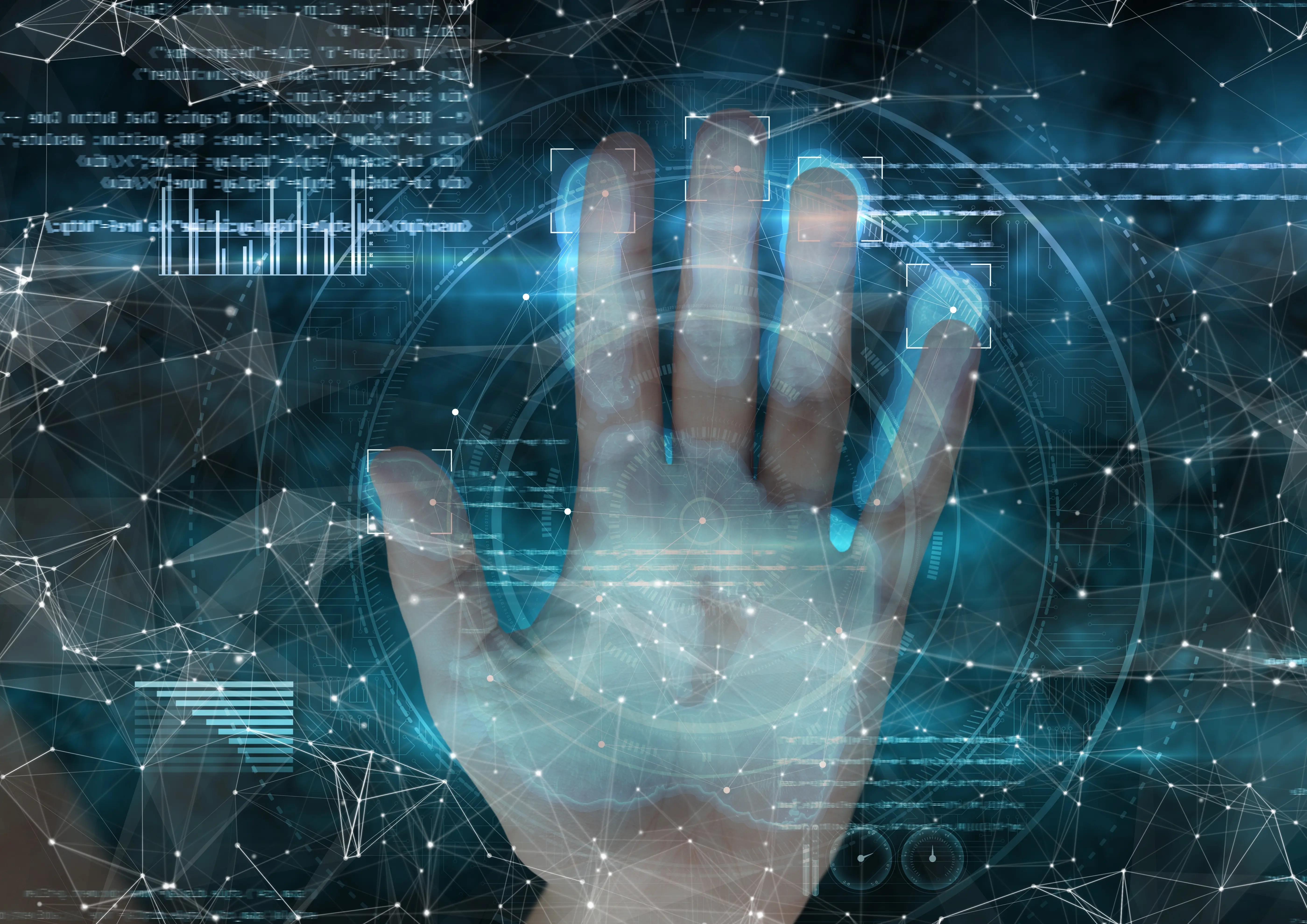 A detailed view of a human hand placed against a glowing blue biometric scanner overlay with digital data points and network node visualizations