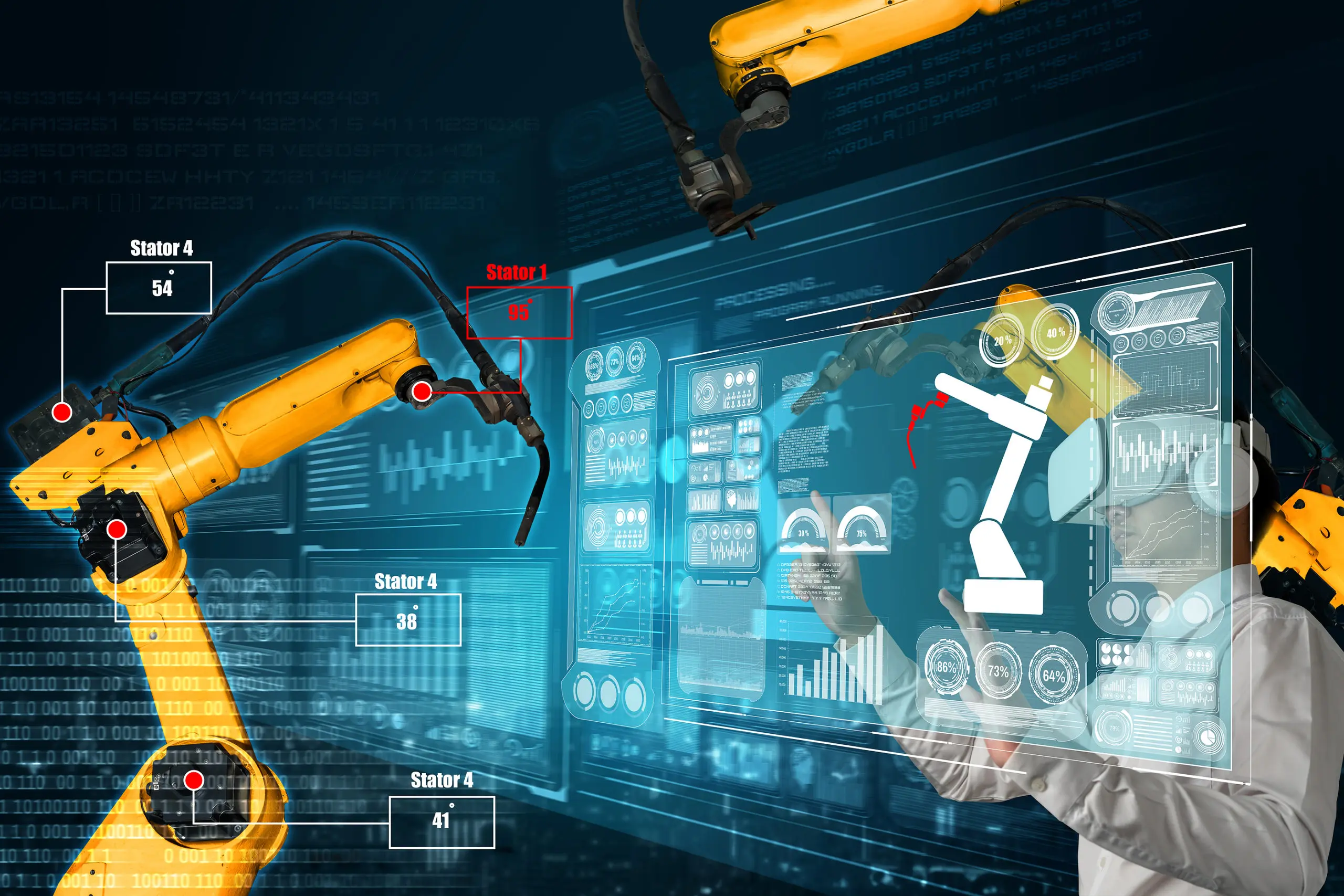 A person wearing a VR headset interacting with digital interface screens displaying industrial robot arms, illustrating manufacturing engineering.