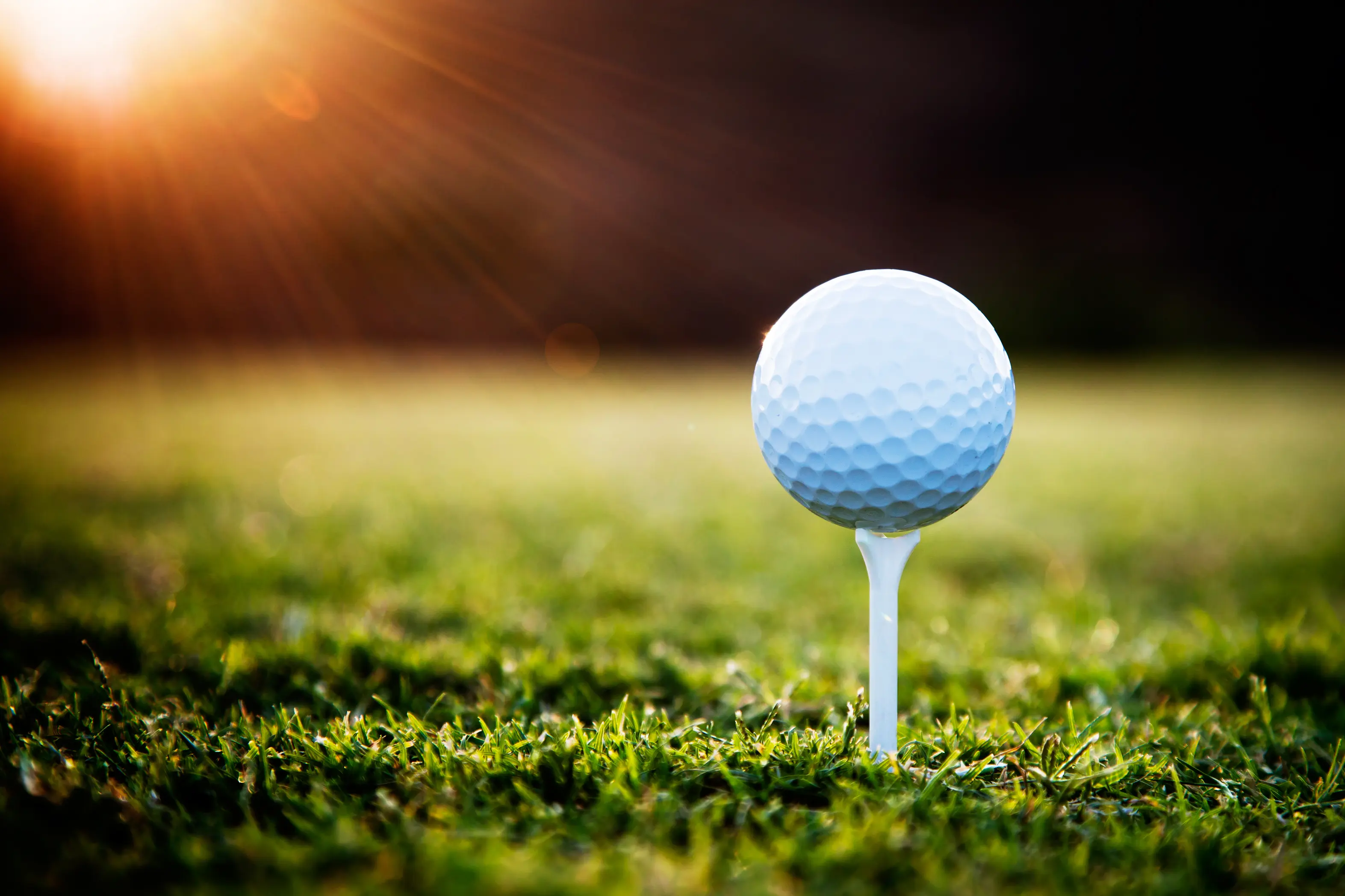 A white dimpled golf ball sitting stationary on a white tee in a green grass field under a bright morning sun flare