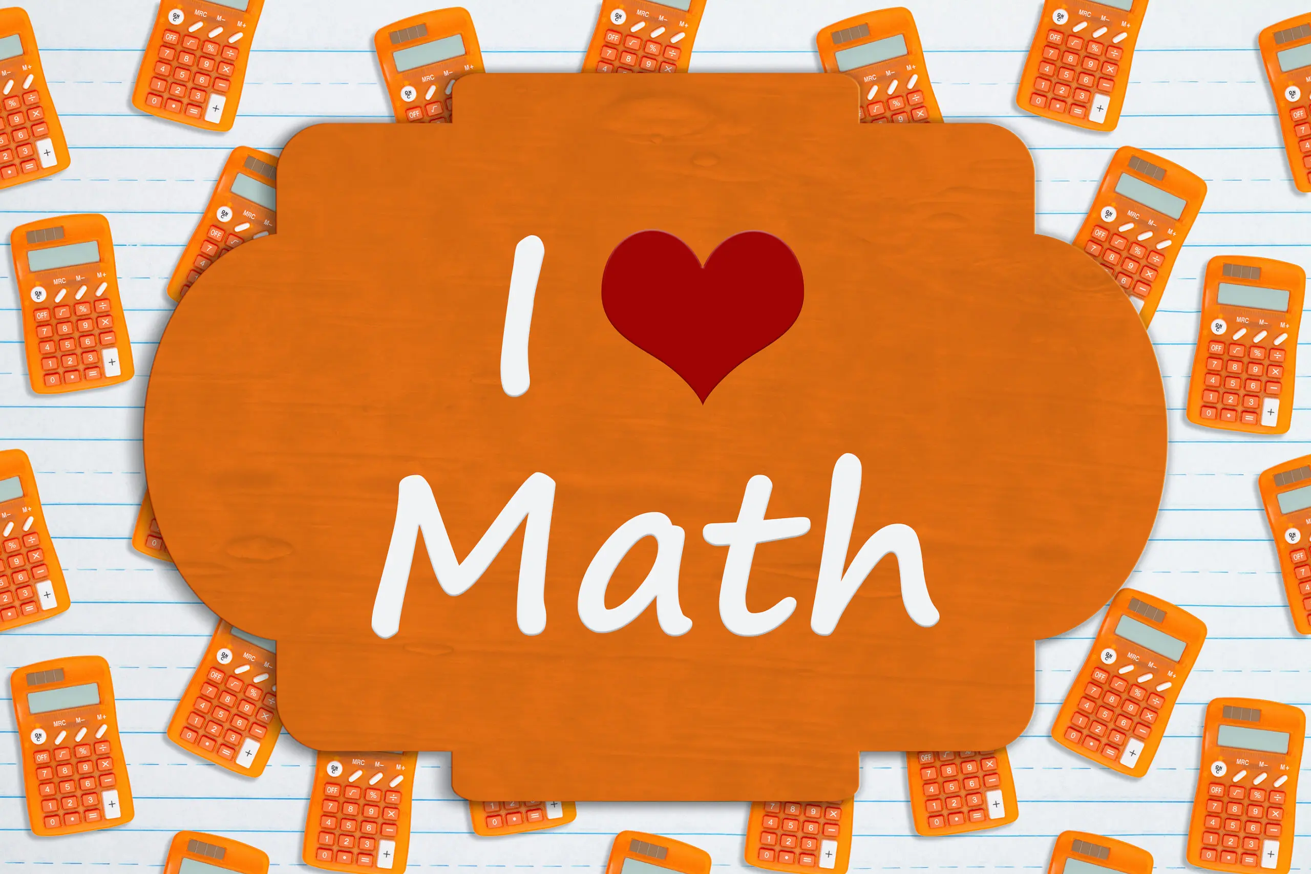 A decorative orange sign displaying the text I Heart Math with a red heart icon set against a background pattern of small orange calculators on lined paper