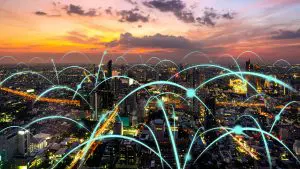 Smart digital city with globalization abstract graphic showing connection network . Concept of future 5G smart wireless digital city and social media networking systems .