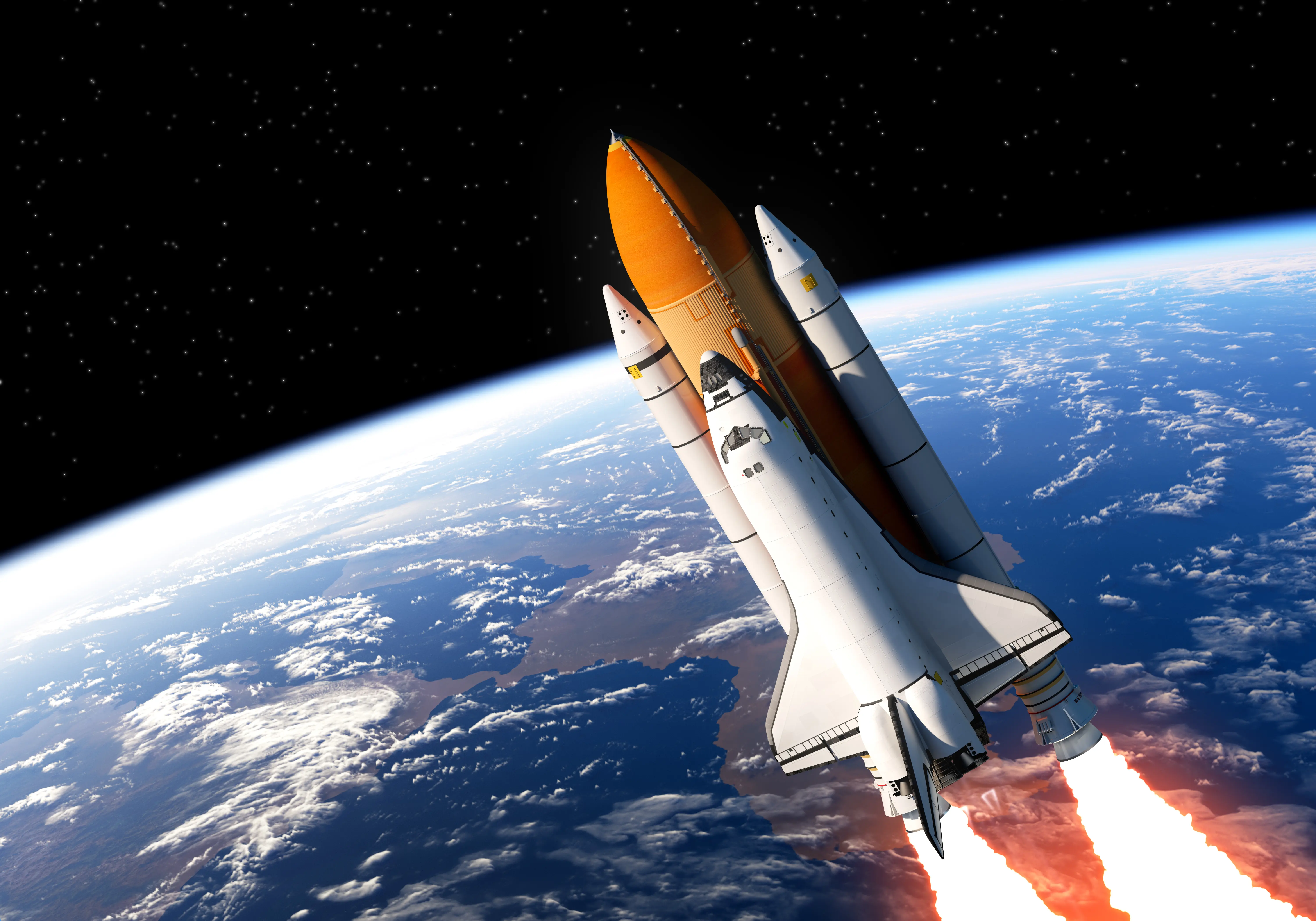 A space shuttle with an orange external fuel tank and two solid rocket boosters launching into orbit above Earth