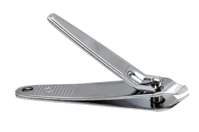 A silver metal nail clipper on a clean white background, showcasing simple machine lever components.