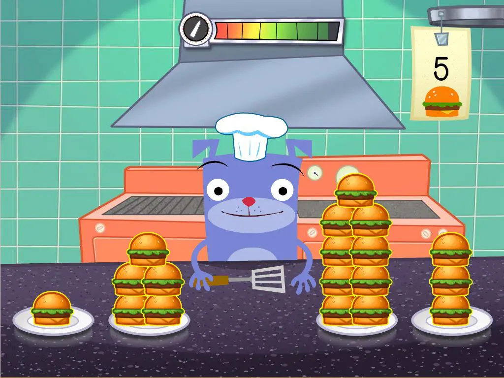 Muggo the purple alien wearing a chef hat behind a counter with stacked hamburgers and an order ticket displaying the number 5.