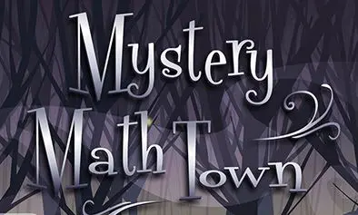 Metallic stylized title text reading Mystery Math Town set against a shadowy, enchanted forest backdrop with glowing firefly accents.