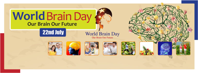 world brain day banner with images relating to health and the brain.