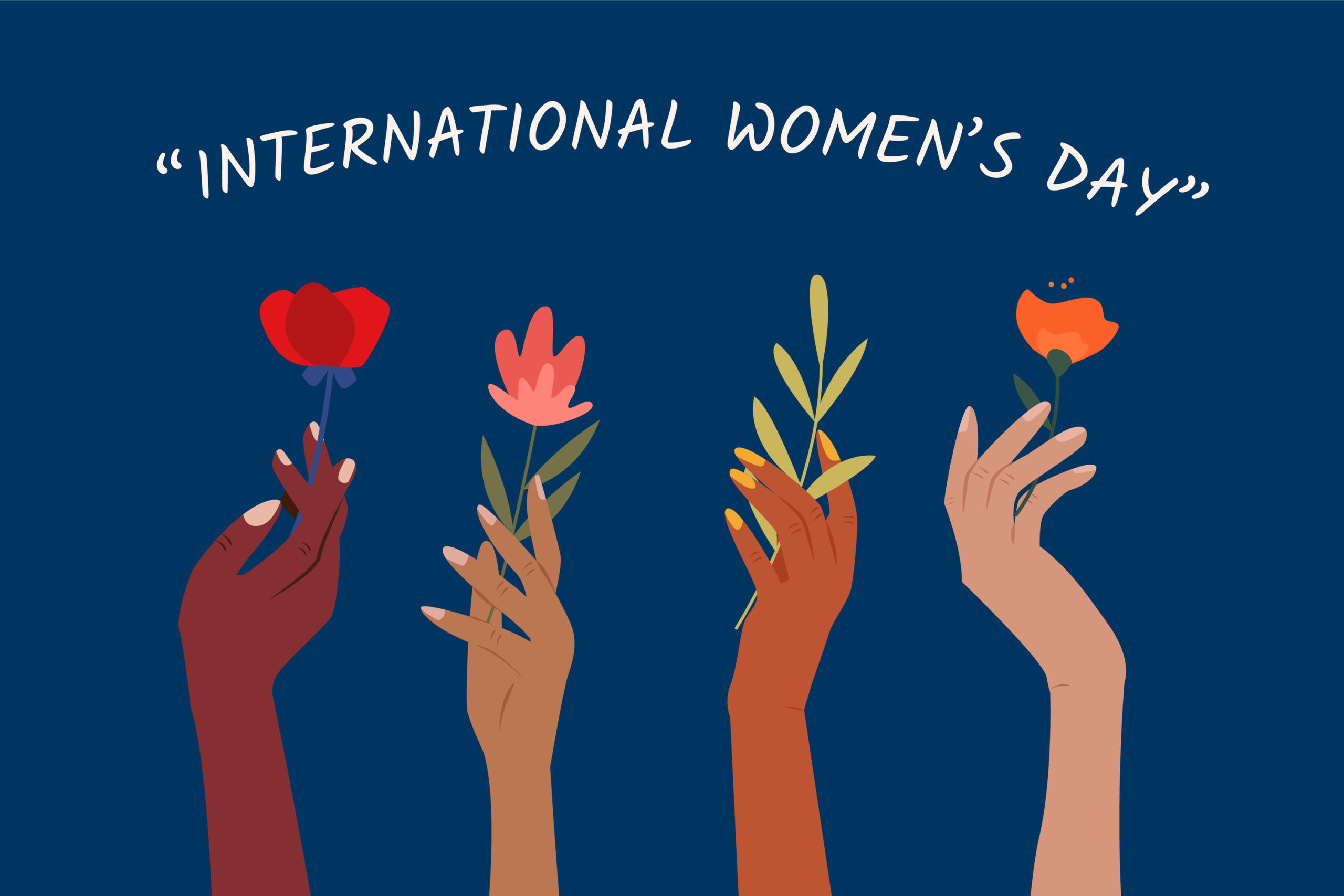  Four women of different ethnicities celebrate International Women's Day by holding flowers in their hands.