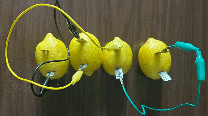 A simple type of battery that uses the acidic juice of a lemon to generate electricity.